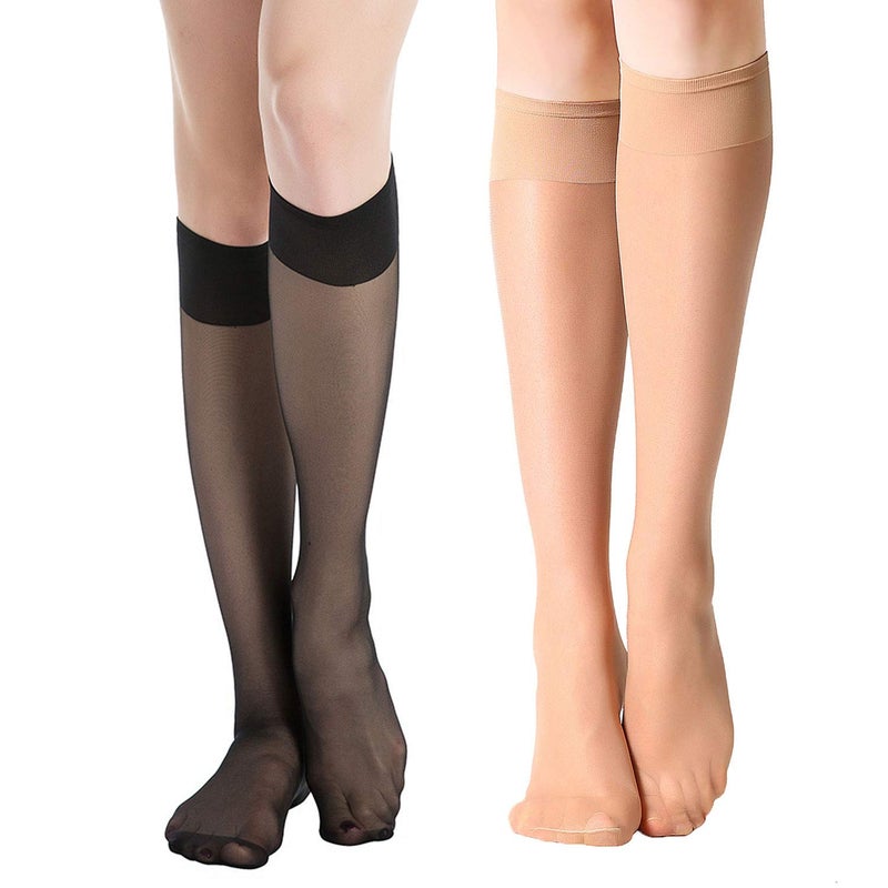 MANZI 12 Pairs Knee High Stockings Sheer Pantyhose for Women Natural with Black - Image 1